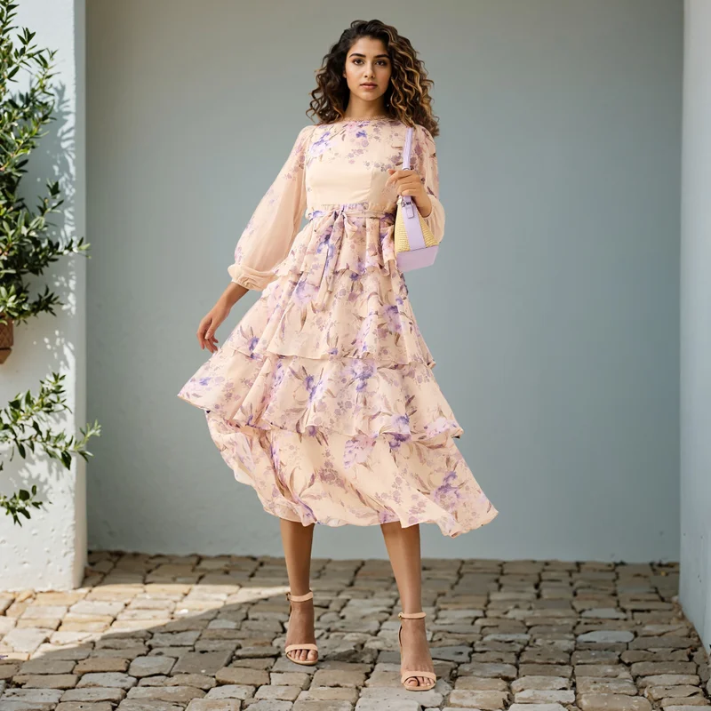 2Xtremz 2Xtremz Floral Print Tiered Dress with Lace and Bow Detail