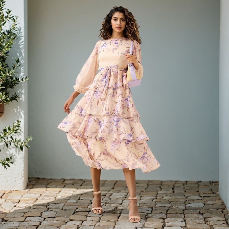 2Xtremz Floral Print Tiered Dress with Lace and Bow Detail - Image 2