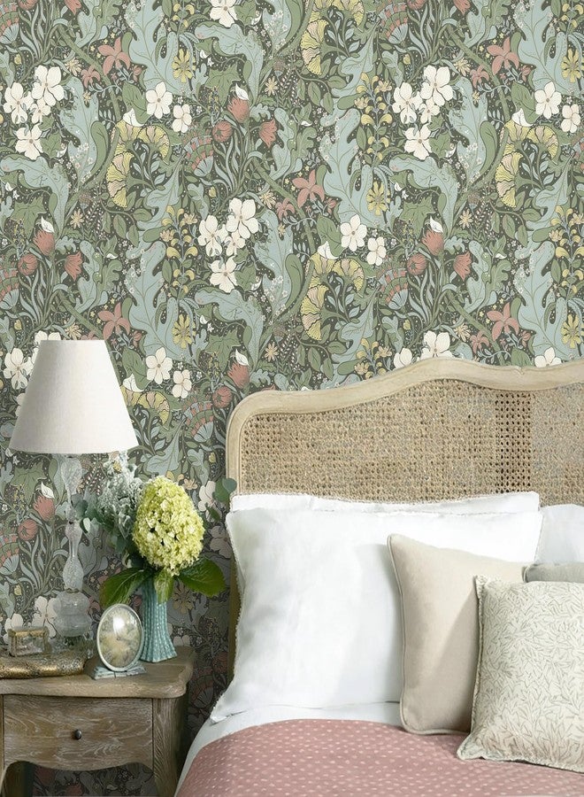 HeloHo Green Peel and Stick Wallpaper Boho Wallpaper Floral Wall Paper Self Adhesive Removable Waterproof Contact Paper for Living Room Bedroom Bathroom Decor 16.14" X 78.7" - Image 2