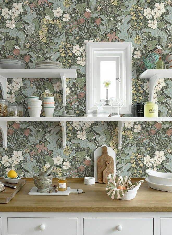 HeloHo Green Peel and Stick Wallpaper Boho Wallpaper Floral Wall Paper Self Adhesive Removable Waterproof Contact Paper for Living Room Bedroom Bathroom Decor 16.14" X 78.7" - Image 3