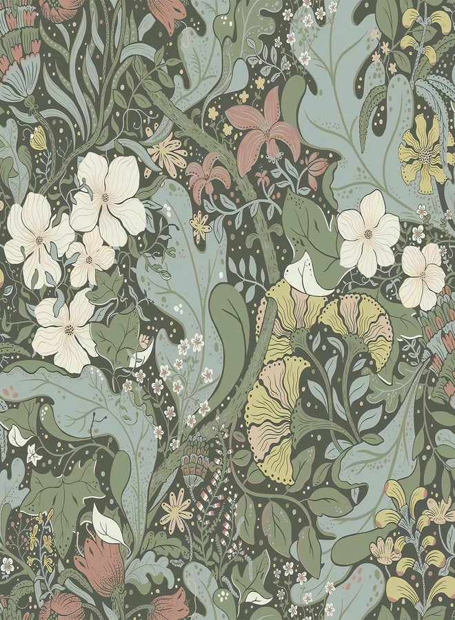 HeloHo Green Peel and Stick Wallpaper Boho Wallpaper Floral Wall Paper Self Adhesive Removable Waterproof Contact Paper for Living Room Bedroom Bathroom Decor 16.14" X 78.7" - Image 1
