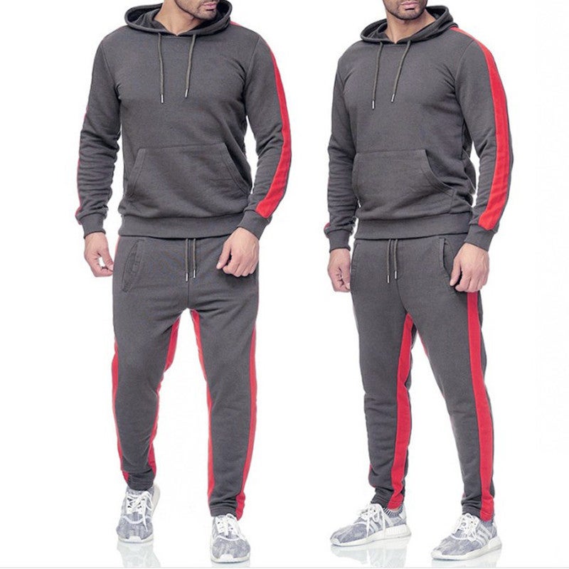 European and American fashion brand youth campus mens sweater hooded sportswear casual trendy pullover mens color matching suit Gray 
