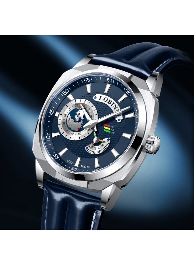 LOBINNI Men Automatic Mechanical Watch World Time GMT Map Dial Leather Strap Business Wristwatch 2 Colors - Image 1