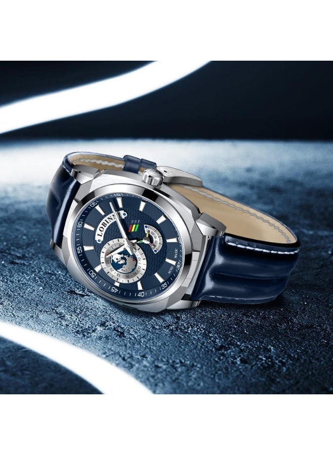 LOBINNI Men Automatic Mechanical Watch World Time GMT Map Dial Leather Strap Business Wristwatch 2 Colors - Image 5