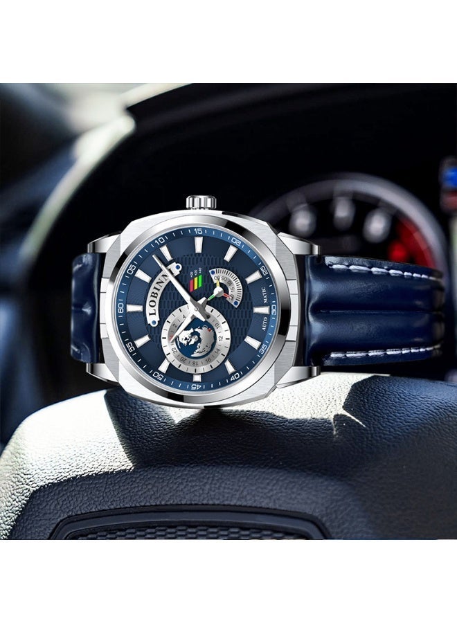 LOBINNI Men Automatic Mechanical Watch World Time GMT Map Dial Leather Strap Business Wristwatch 2 Colors - Image 3