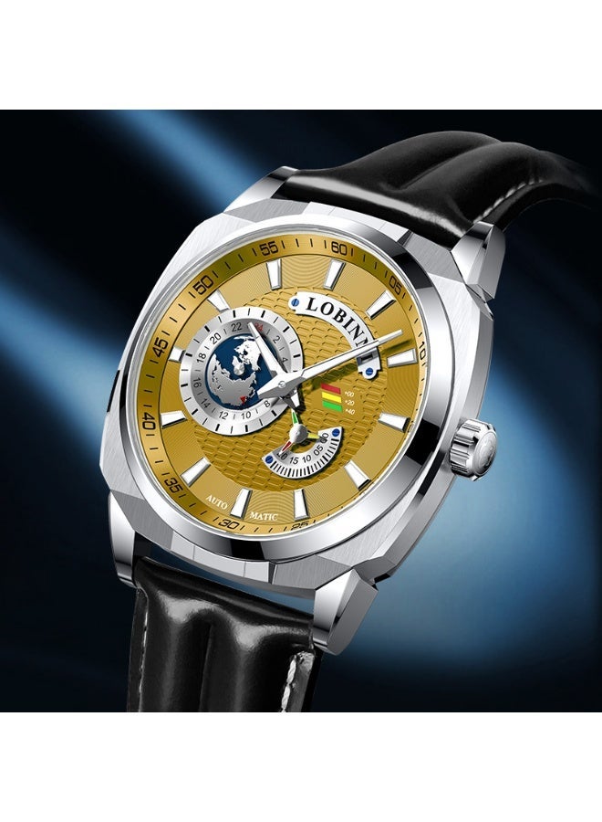 LOBINNI Men Automatic Mechanical Watch World Time GMT Map Dial Leather Strap Business Wristwatch 2 Colors - Image 2