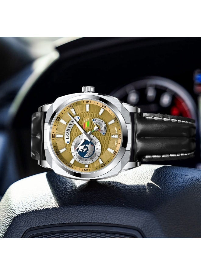 LOBINNI Men Automatic Mechanical Watch World Time GMT Map Dial Leather Strap Business Wristwatch 2 Colors - Image 4