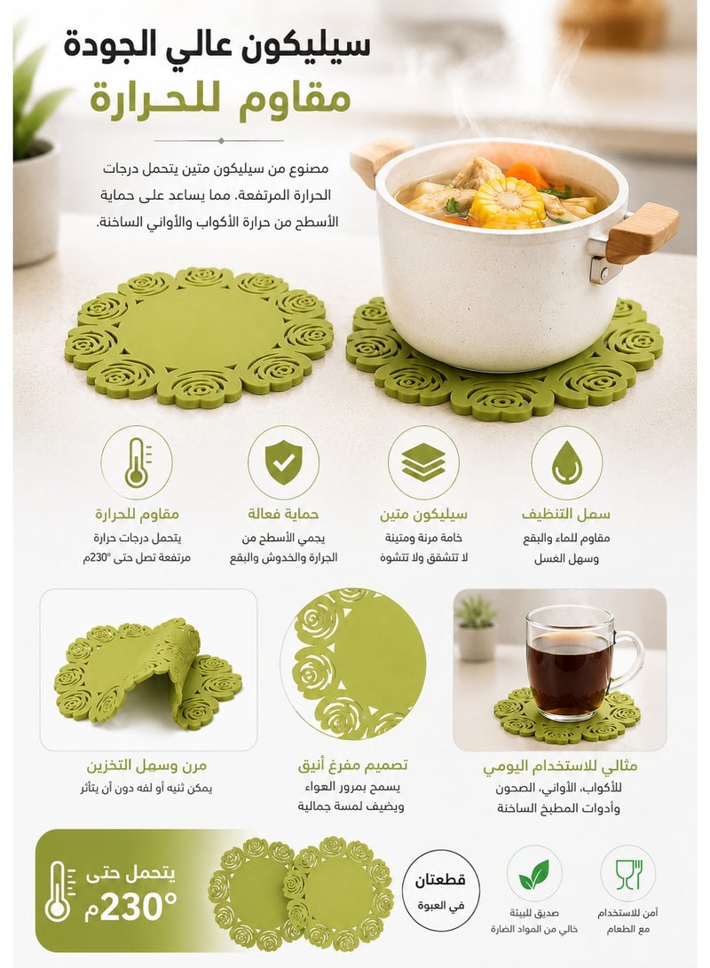 Set of 2 Round Heat Resistant Silicone Coasters 15 cm – Multi-Purpose Non-Slip Waterproof Drink Coasters for Hot & Cold Cups, Coffee Mugs, Tea Cups, Glasses, Tumblers, Small Pots, Bowls & Plates, Flexible, Durable and Easy to Clean Table & Kitchen Surface Protector - Green - Image 4
