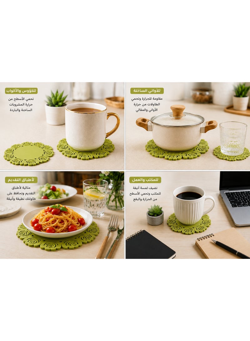 Set of 2 Round Heat Resistant Silicone Coasters 15 cm – Multi-Purpose Non-Slip Waterproof Drink Coasters for Hot & Cold Cups, Coffee Mugs, Tea Cups, Glasses, Tumblers, Small Pots, Bowls & Plates, Flexible, Durable and Easy to Clean Table & Kitchen Surface Protector - Green - Image 2
