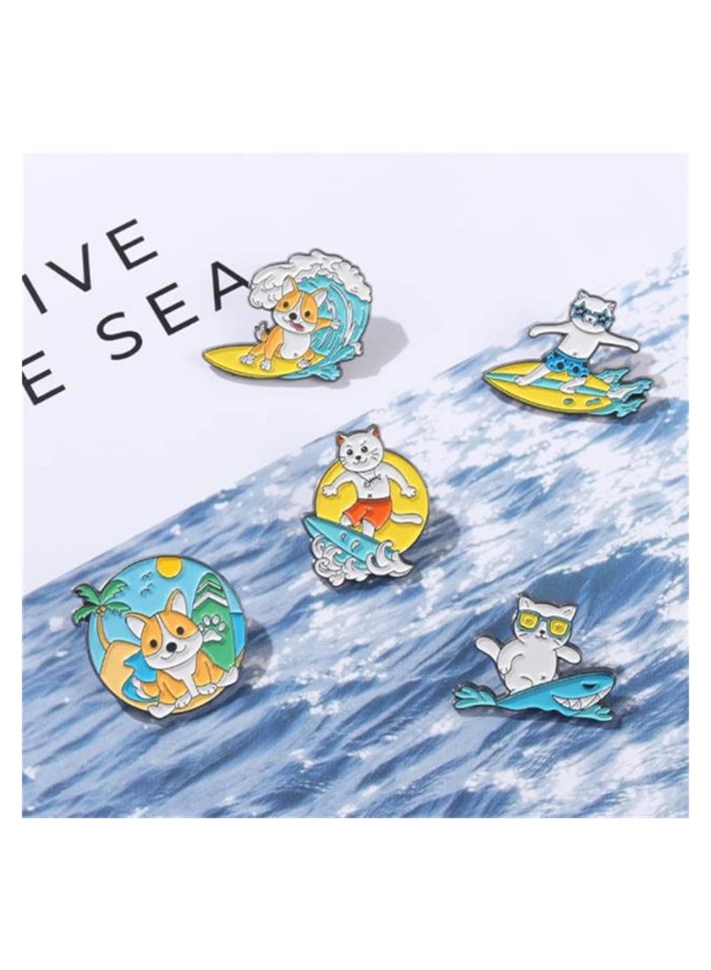 Excefore Surfing Cat and Puppy Enamel Pins,5 Pieces Cartoon Animal Brooch Pin Cute Enamel Lapel Pin Badges Brooch Pins Set for Clothing Jackets Backpacks Accessory DIY Craft - Image 5