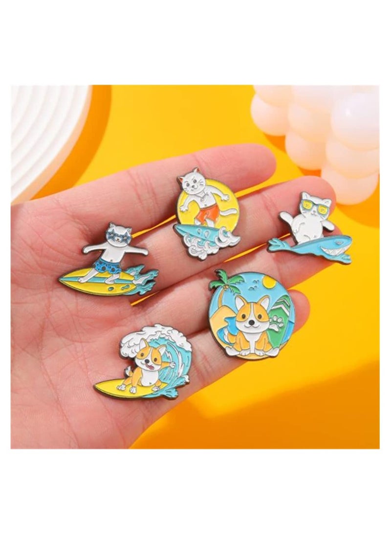 Excefore Surfing Cat and Puppy Enamel Pins,5 Pieces Cartoon Animal Brooch Pin Cute Enamel Lapel Pin Badges Brooch Pins Set for Clothing Jackets Backpacks Accessory DIY Craft - Image 3