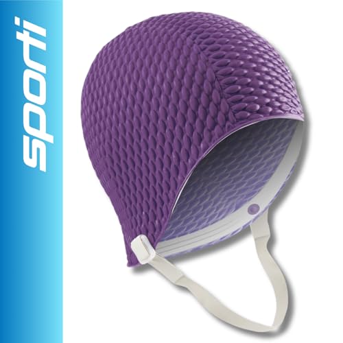 Sporti Bubble Swim Cap with Chin Strap Dark Purple - Image 3