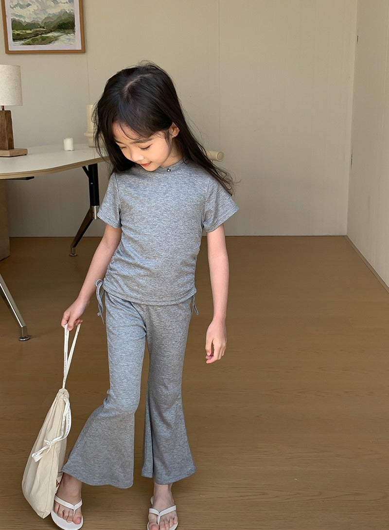 Loquat Girls Solid Color Set Short Sleeve Drawstring T-shirt And Flared Pants Summer Casual Set Gray  - Image 1
