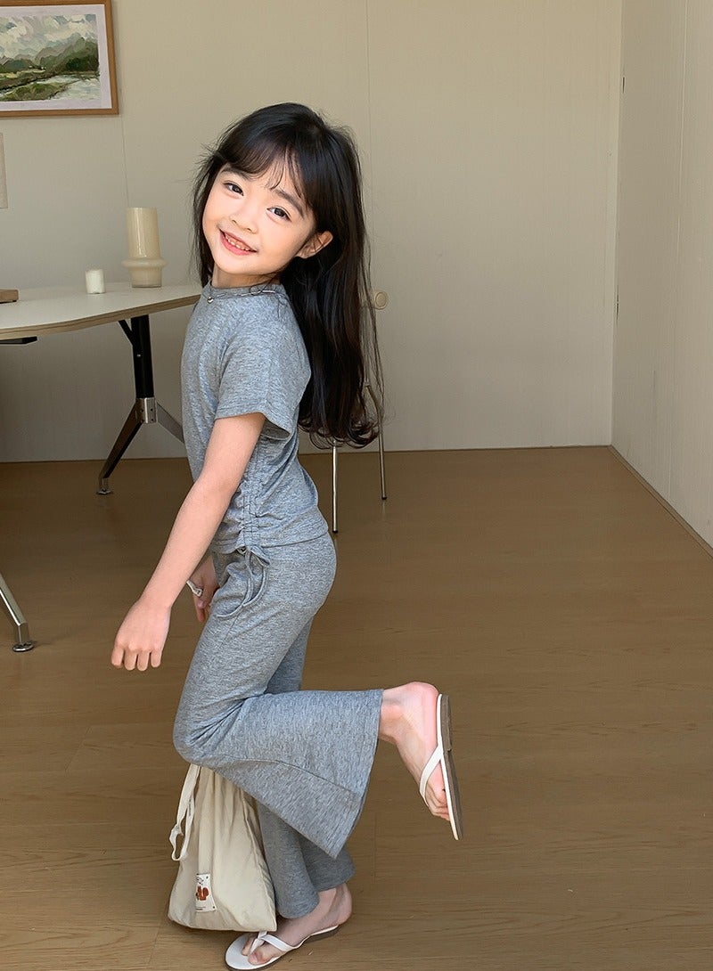 Loquat Girls Solid Color Set Short Sleeve Drawstring T-shirt And Flared Pants Summer Casual Set Gray  - Image 2