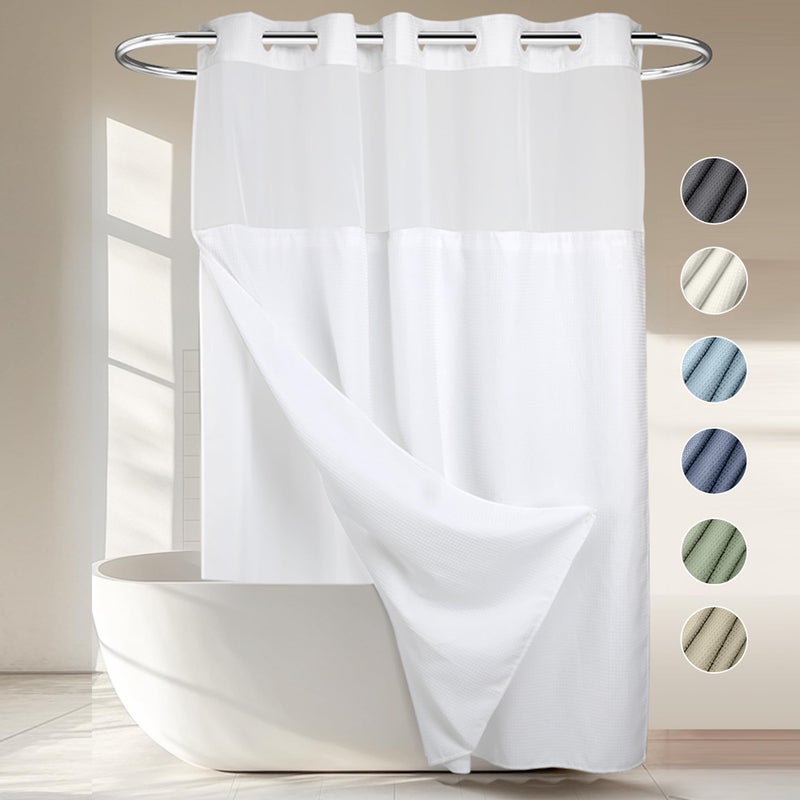 River Dream Heavyweight No Hooks Required Dotted Waffle Weave Shower Curtain with Snap in LinerBathroom Curtains Shower Set  71W x 74HHotel GradeSpa Like Bath CurtainWhite