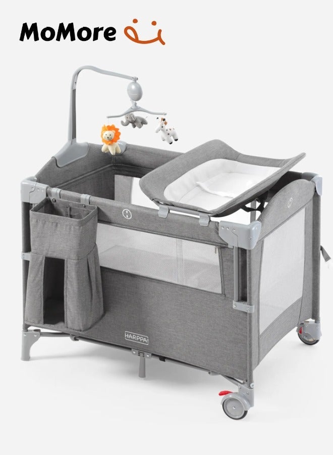 Momore Portable Baby Bed 5 in 1 Foldable Baby Crib with Mattress, Travel Bassinet for Newborn to Toddler, Multi-functional Bedside Crib with Changing Table and Wheels - Image 1