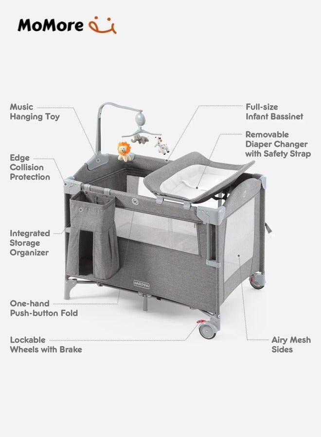 Momore Portable Baby Bed 5 in 1 Foldable Baby Crib with Mattress, Travel Bassinet for Newborn to Toddler, Multi-functional Bedside Crib with Changing Table and Wheels - Image 5