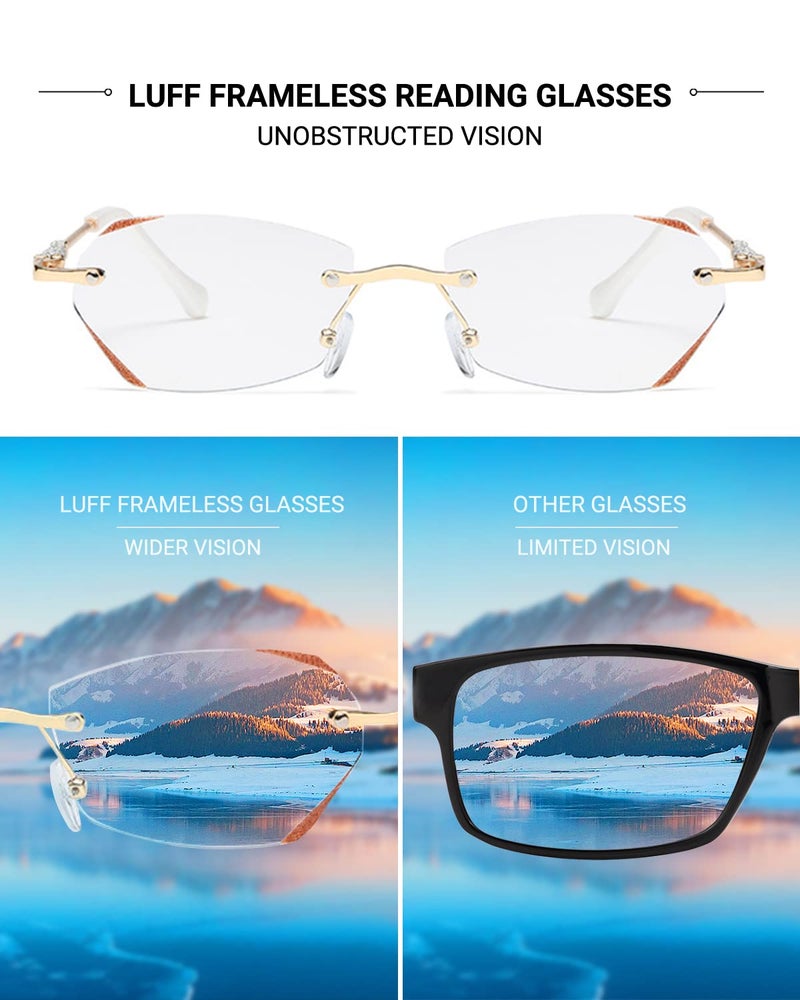 LUFF Rimless Reading Glasses for Women,Fashion Lightweight Anti Blue Light Readers Classic Metal Comfortable Frame glasses（Gold,1.0X - Image 4