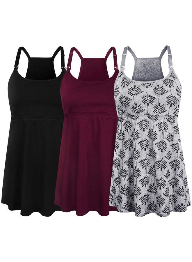 SUIEK Women's Nursing Tank Top Cami Maternity Bra Breastfeeding Shirts (Medium, Black+Burgundy+Grey Print) - Image 1