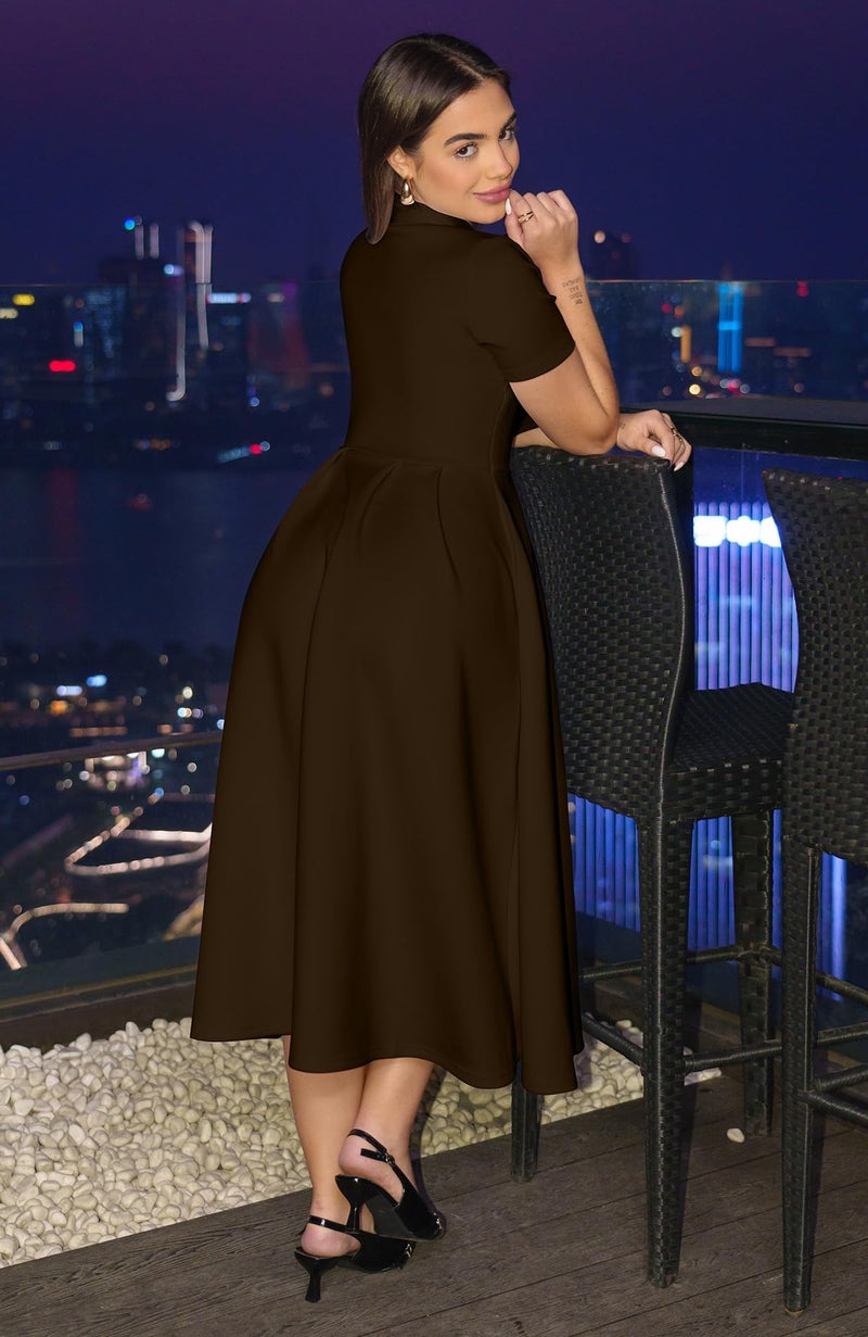 Memoriesea Women's Elegant Casual Short Sleeve Work Party A-Line Dress with Pockets Brown - Image 3