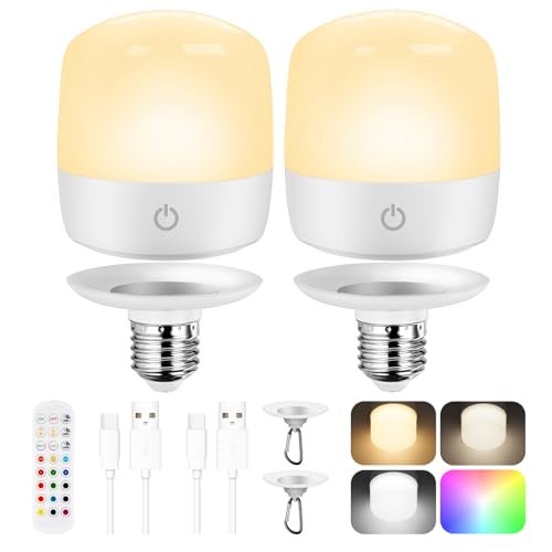 Yochoice Rechargeable Battery Operated Light Bulb 4000mAh Dimmable LED Bulb with Remote Detachable Base E26 Battery Powered Light Bulb for NonHardwired Lamps with 15 Colors 3 Timer 2 Packs - Image 1