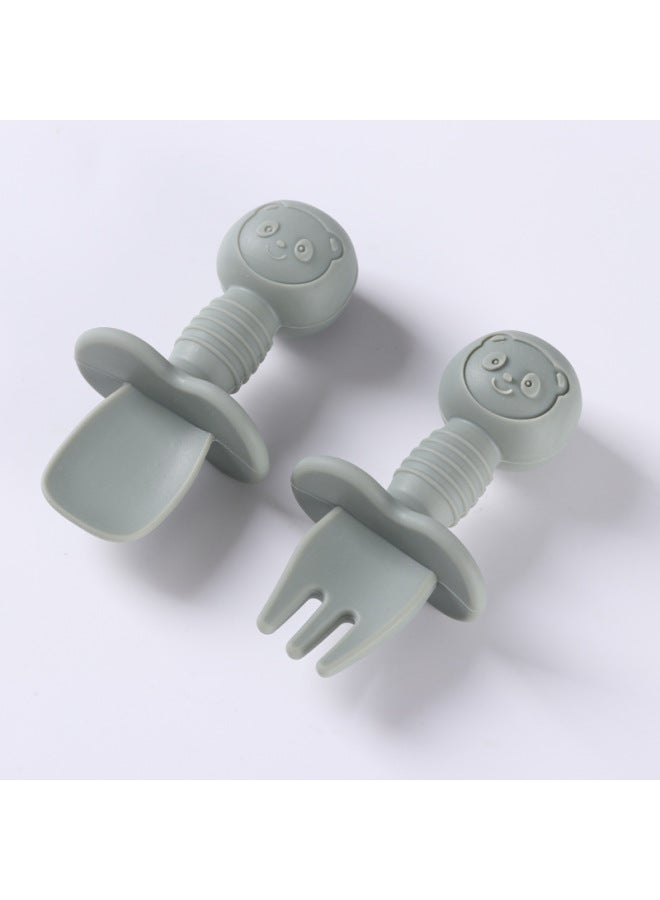 Food Grade Children's Wooden Handle Silicone Spoon Fork Tableware Baby Training Complementary Food Spoon Baby Feeding Spoon Fork-Specifications:Default-Color:Silver Gray (full Silicone + Short Spoon + Short Fork) - Image 5