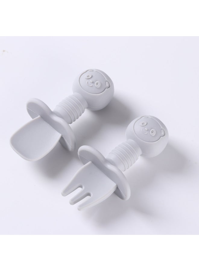 Food Grade Children's Wooden Handle Silicone Spoon Fork Tableware Baby Training Complementary Food Spoon Baby Feeding Spoon Fork-Specifications:Default-Color:Silver Gray (full Silicone + Short Spoon + Short Fork) - Image 1