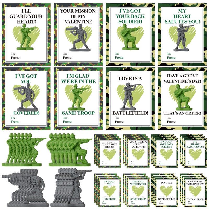 CPicdn 32 Pack Valentineâ€™s Day Army Card Soldier Eraser for Kids Bulk Cute Pencil Erasers Soldier Figures with Valentine Gift Cards for Kids Classroom Prizes Exchange Party Favor - Image 1