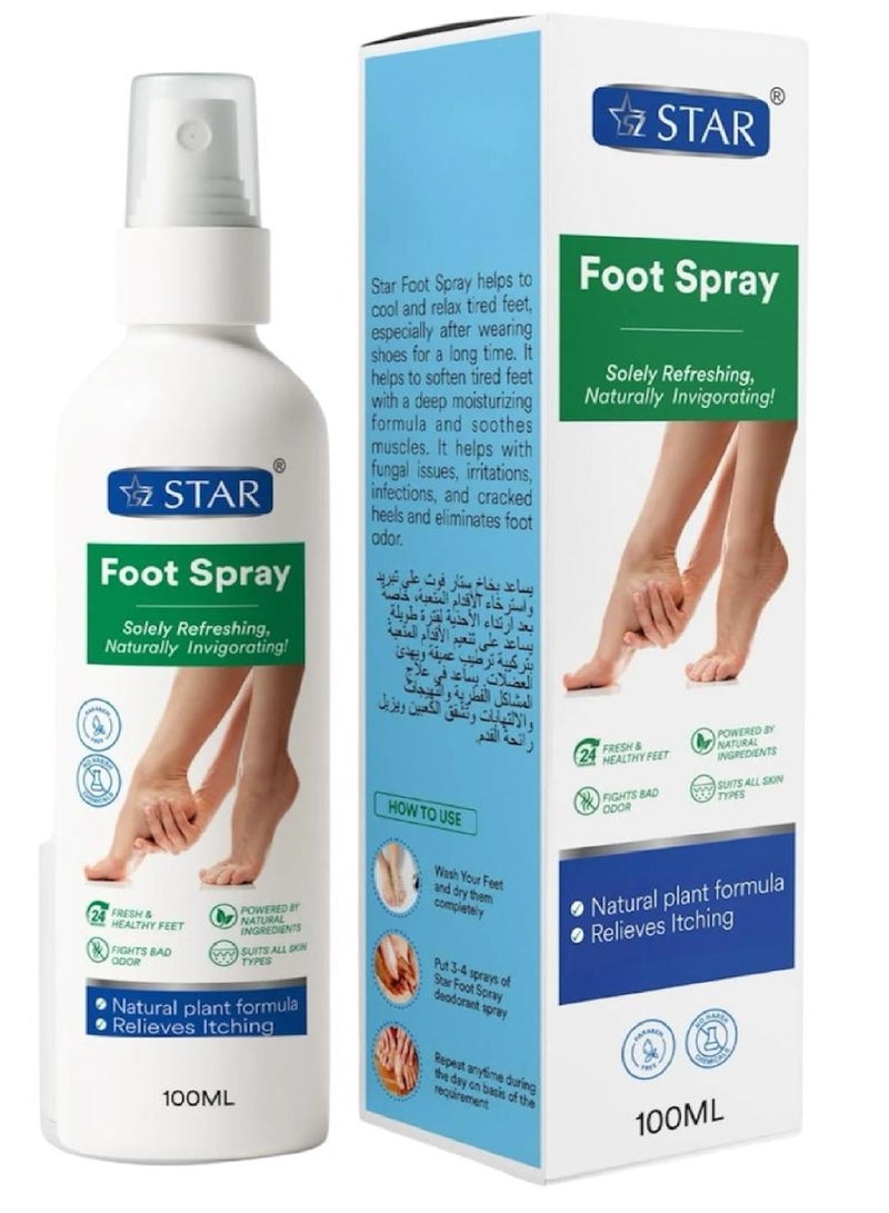 سز ستار بخاخ القدم اس زد ستار للقدمين ذات الرائحة الكريهة والمتعرقة، تركيبة مضادة للفطريات ومزيل العرق غني بالمستخلصات النباتية الطبيعية والزيوت العطرية لأقدام منعشة ومريحة، 100 مل - Image 1