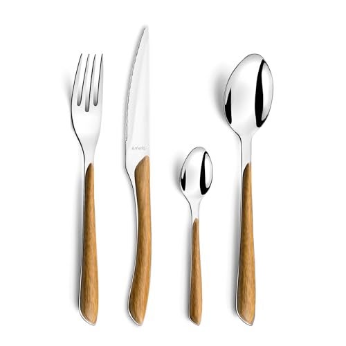 Amefa Natural Wood Handle Silverware Set - 24-Piece, Brown & Casual - Faux Wood Handle Flatware Service for 6 in Polished 18/0 Stainless Steel - Dishwasher Safe & Rust Resistant - Image 2