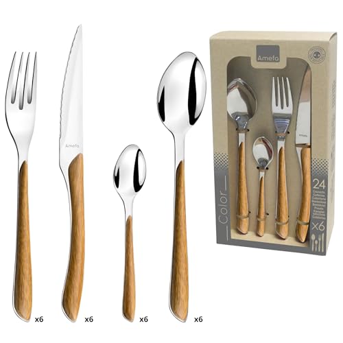 Amefa Natural Wood Handle Silverware Set - 24-Piece, Brown & Casual - Faux Wood Handle Flatware Service for 6 in Polished 18/0 Stainless Steel - Dishwasher Safe & Rust Resistant - Image 1