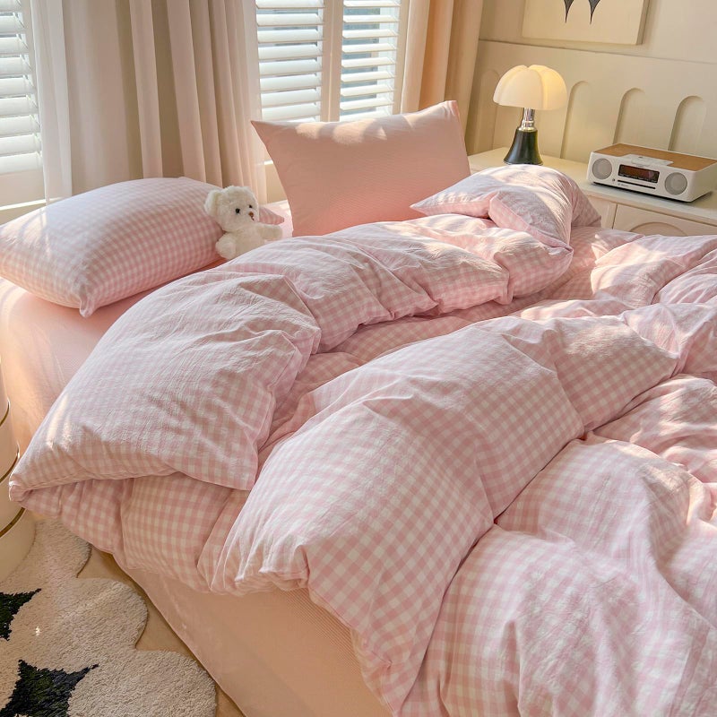 mixinni Light Pink Gingham Duvet Cover Set Queen Size - 100% Washed Cotton 3 Piece Plaid Checkered Bedding Set, Soft Comfy Grid Farmhouse Comforter Cover with Zipper Closure & Corner Ties - Image 1