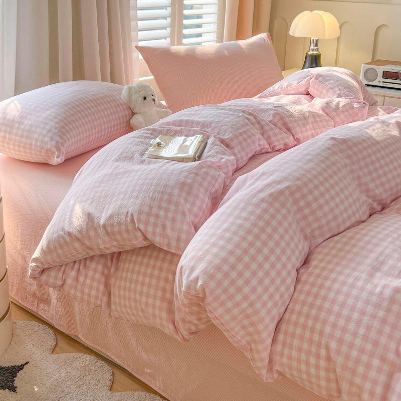 mixinni Light Pink Gingham Duvet Cover Set Queen Size - 100% Washed Cotton 3 Piece Plaid Checkered Bedding Set, Soft Comfy Grid Farmhouse Comforter Cover with Zipper Closure & Corner Ties - Image 3