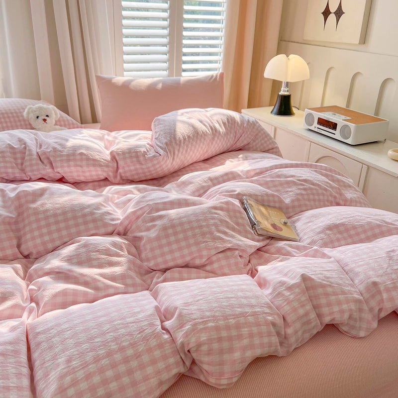 mixinni Light Pink Gingham Duvet Cover Set Queen Size - 100% Washed Cotton 3 Piece Plaid Checkered Bedding Set, Soft Comfy Grid Farmhouse Comforter Cover with Zipper Closure & Corner Ties - Image 2