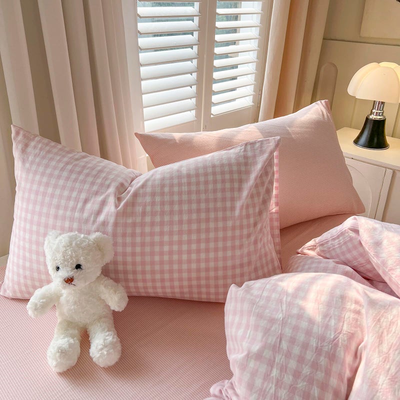 mixinni Light Pink Gingham Duvet Cover Set Queen Size - 100% Washed Cotton 3 Piece Plaid Checkered Bedding Set, Soft Comfy Grid Farmhouse Comforter Cover with Zipper Closure & Corner Ties - Image 4