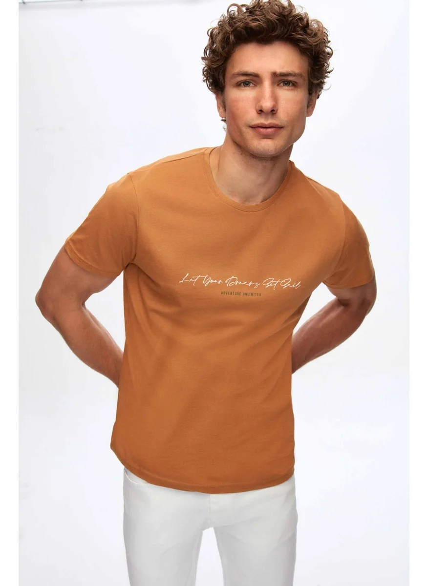 D'S DAMAT Regular Fit Camel Printed 100% Cotton T-Shirt 2HC1454030180