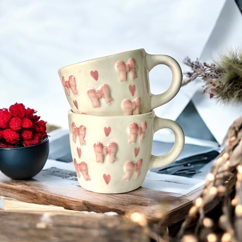 BACKKSPACE RETAIL Ceramic Coffee Tea Milk Mugs | Unique Handcrafted Ceramics | 320ml Capacity | Microwave & Dishwasher Safe (Pink Bows and Hearts) - Image 1