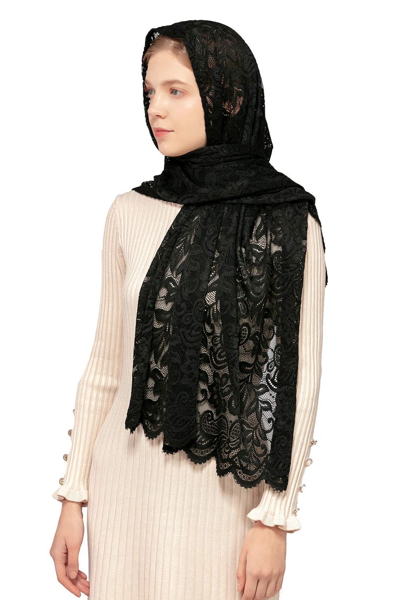 Wgior Rectangular Chapel Veil Scarf Catholic Church Veils Mantilla Wrap Shawl Mass Head Covering (Black) - Image 1