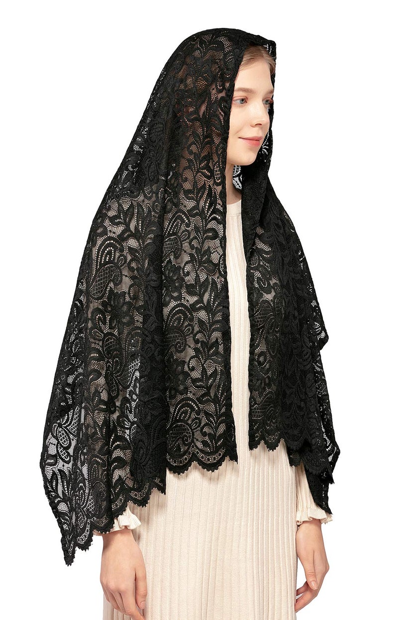 Wgior Rectangular Chapel Veil Scarf Catholic Church Veils Mantilla Wrap Shawl Mass Head Covering (Black) - Image 2