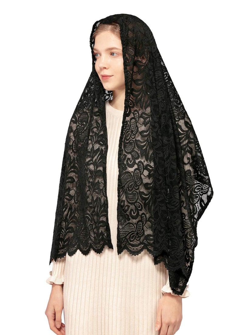 Wgior Rectangular Chapel Veil Scarf Catholic Church Veils Mantilla Wrap Shawl Mass Head Covering (Black) - Image 3
