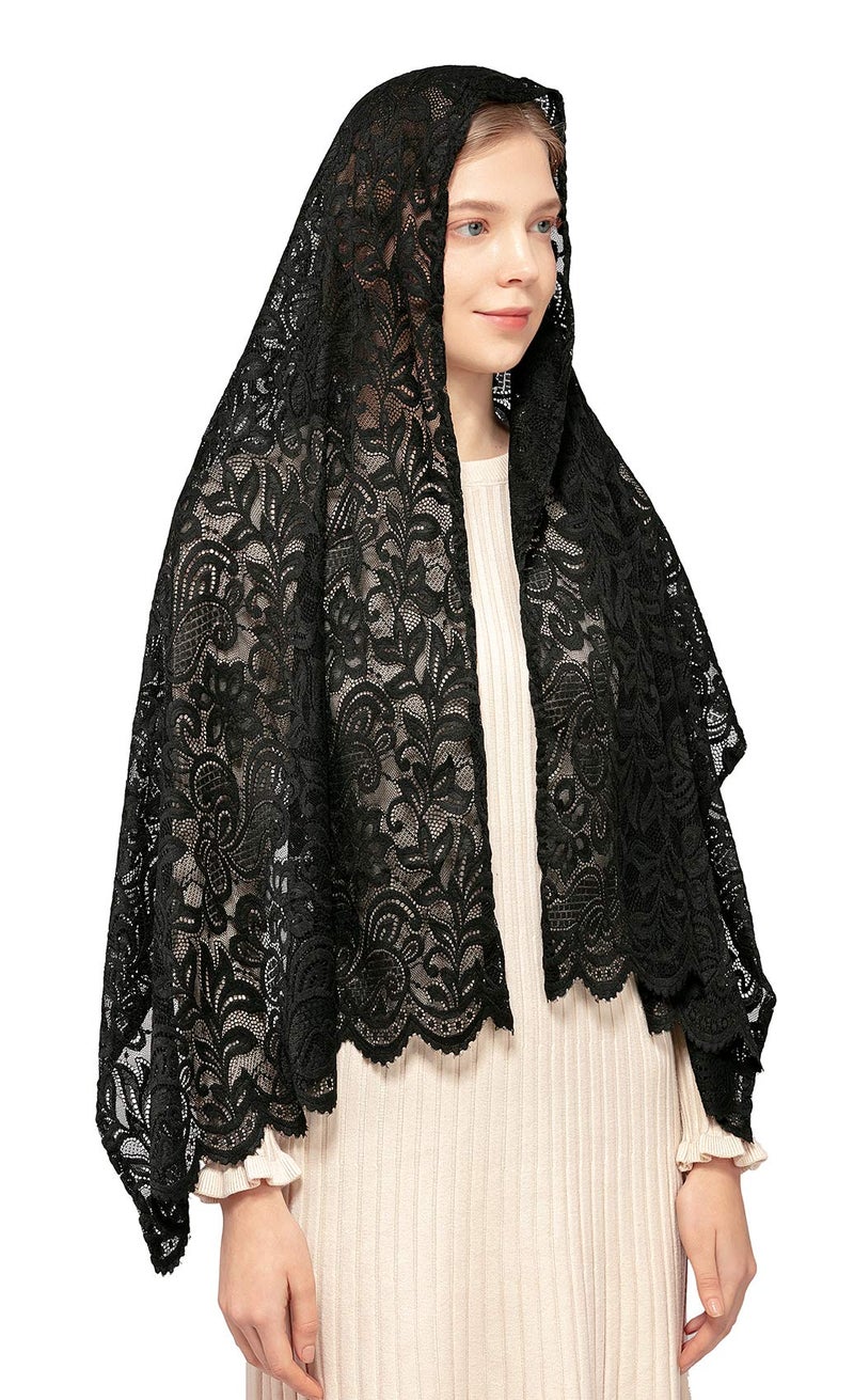 Wgior Rectangular Chapel Veil Scarf Catholic Church Veils Mantilla Wrap Shawl Mass Head Covering (Black) - Image 4