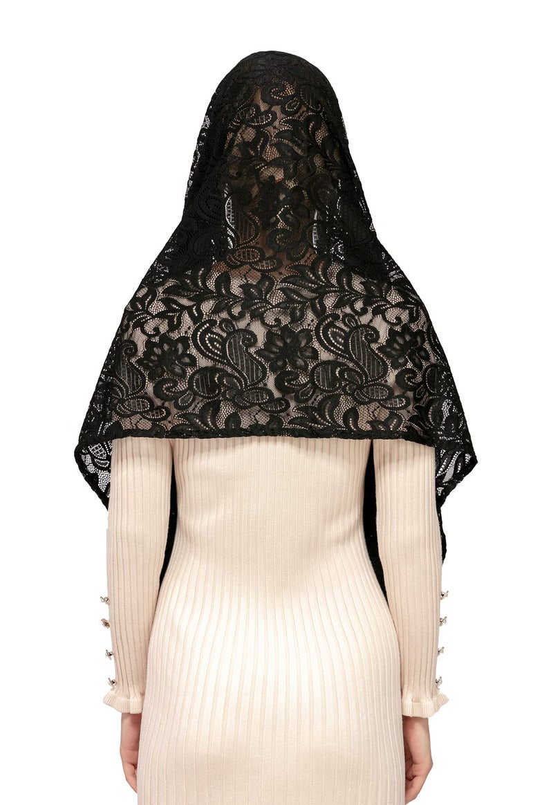 Wgior Rectangular Chapel Veil Scarf Catholic Church Veils Mantilla Wrap Shawl Mass Head Covering (Black) - Image 5