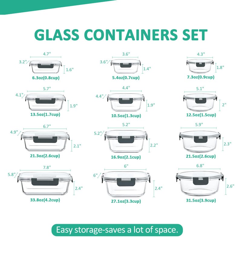 KOMUEE 24 Pieces Glass Food Storage Containers Set,Meal Prep Containers-Stackable Airtight Glass Storage Containers with lids,Freezer, Microwave, Oven Safe,Gray - Image 2