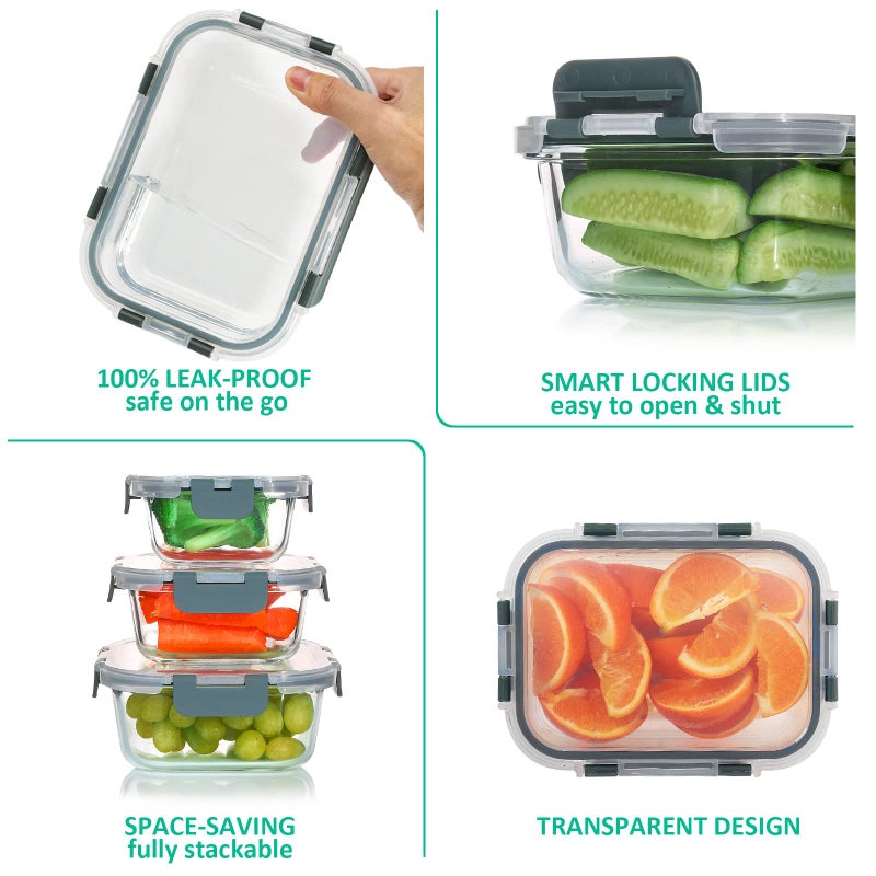KOMUEE 24 Pieces Glass Food Storage Containers Set,Meal Prep Containers-Stackable Airtight Glass Storage Containers with lids,Freezer, Microwave, Oven Safe,Gray - Image 4