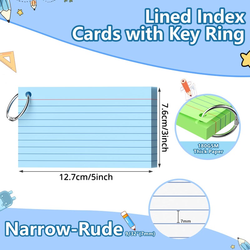 Ciphyfee Index Cards 3x5 Inch With Ring, 300 Count, Ruled Colored Index Card, 180GSM Flash Cards College Ruled for Students, Teachers, Study Note Card for Office, Home, School, Office - Image 3