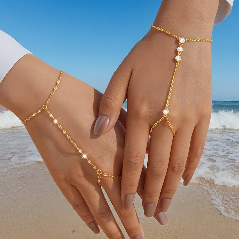 YEEZII Gold Hand Chain Bracelets for Women, 2 Pcs 14k Gold Plated Cubic Zirconia Link Chain Bracelet Set, Trendy ring bracelet hand chain Jewelry for Her (Gold-A) - Image 2