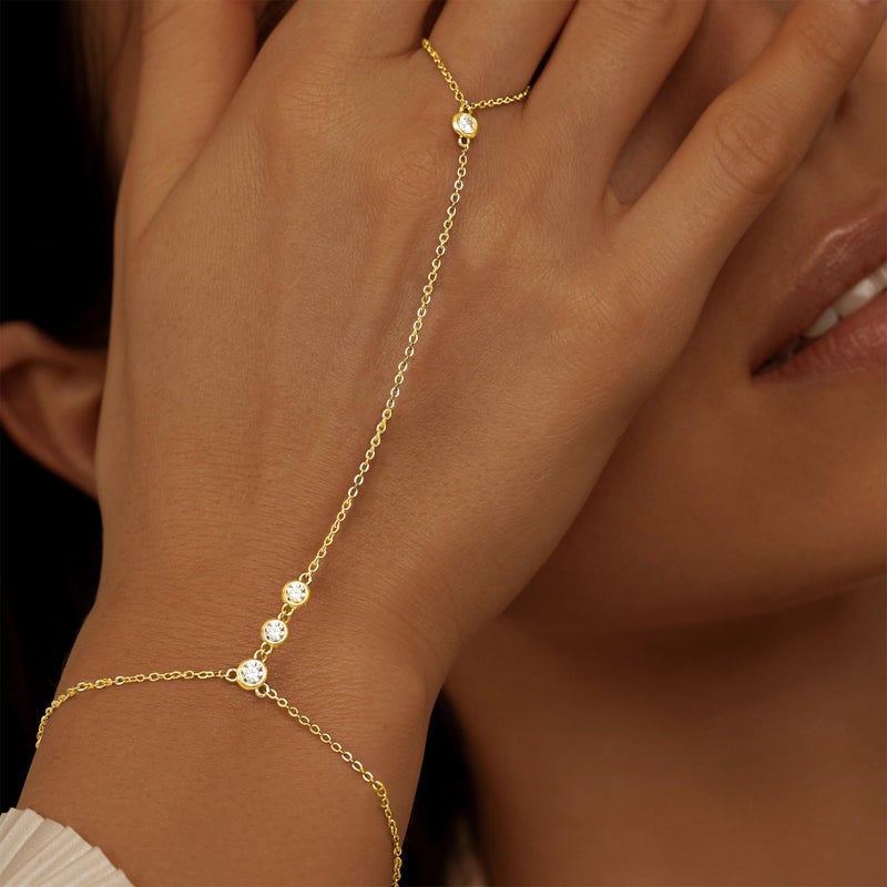 YEEZII Gold Hand Chain Bracelets for Women, 2 Pcs 14k Gold Plated Cubic Zirconia Link Chain Bracelet Set, Trendy ring bracelet hand chain Jewelry for Her (Gold-A) - Image 5