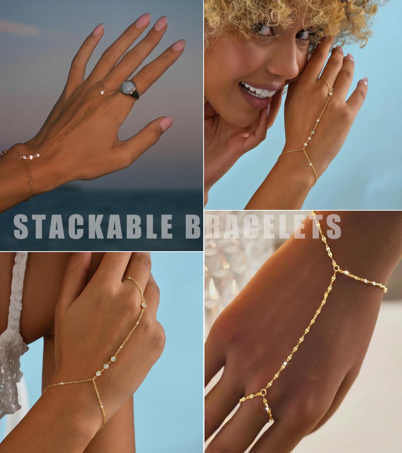 YEEZII Gold Hand Chain Bracelets for Women, 2 Pcs 14k Gold Plated Cubic Zirconia Link Chain Bracelet Set, Trendy ring bracelet hand chain Jewelry for Her (Gold-A) - Image 3
