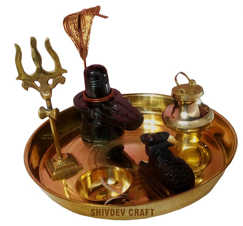 SHIVDEV CRAFT black stone shivling 3 inch and nandi 3 inch brass shiv trishul 4 inch and pooja brass bhog katori 2 inch with brass thali 8 inch brass gangajali lota kalash set of 5