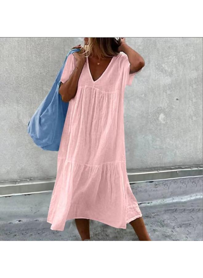 New European And American Women's Clothing Independent Station Crew Neck Short Sleeve Cotton And Linen Long Dress